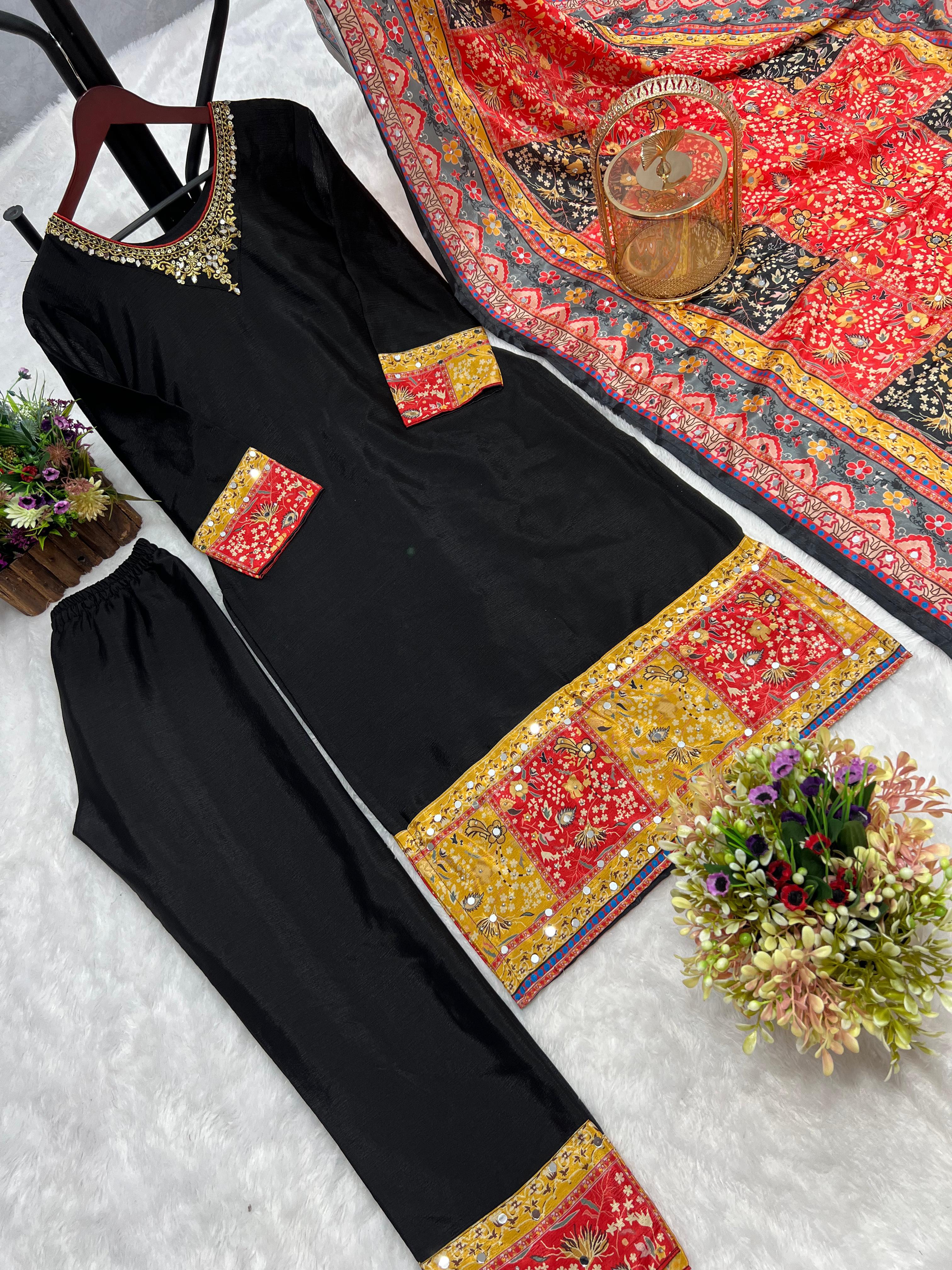 Black suit with colorful dupatta