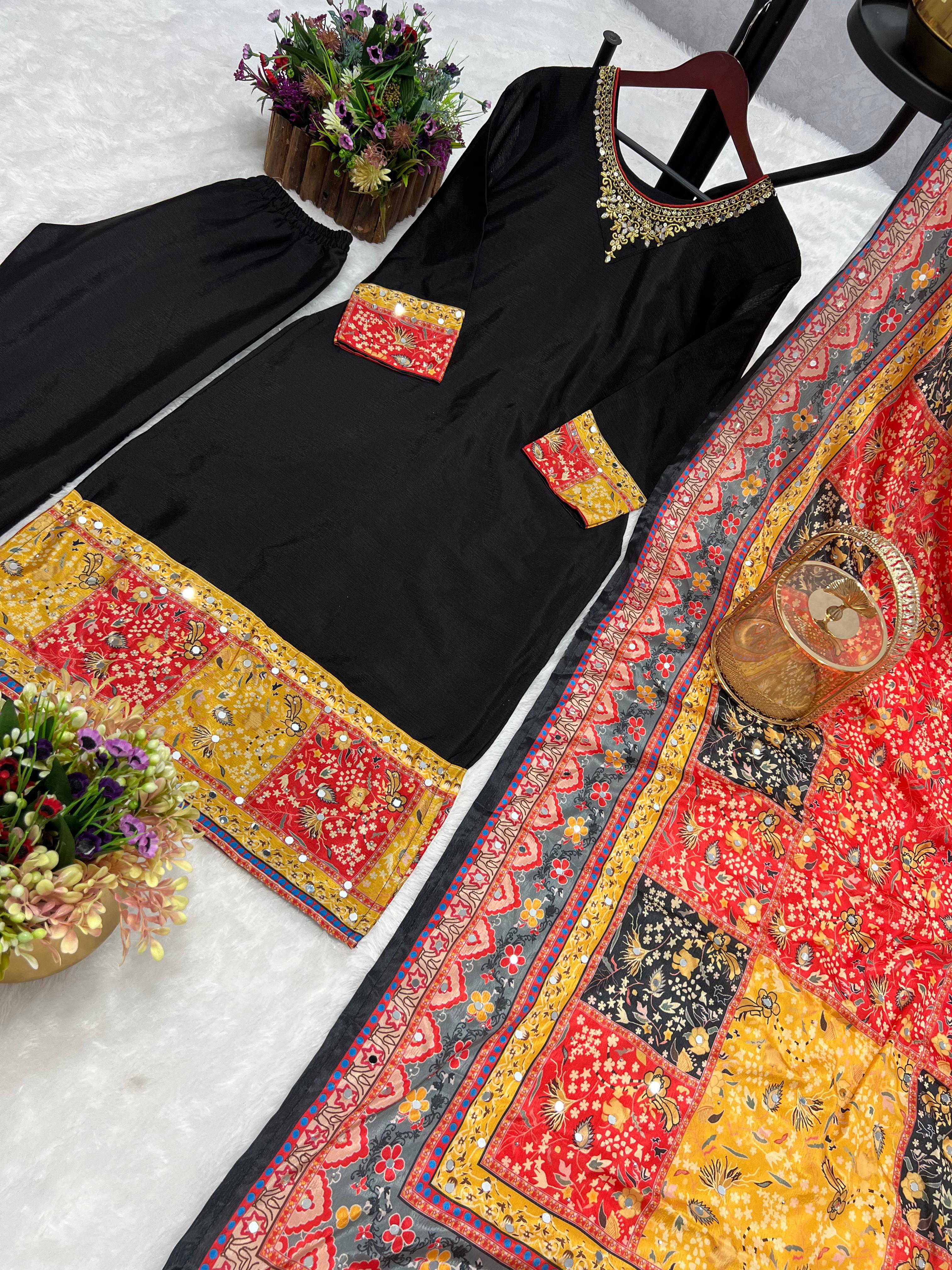Black suit with colorful dupatta