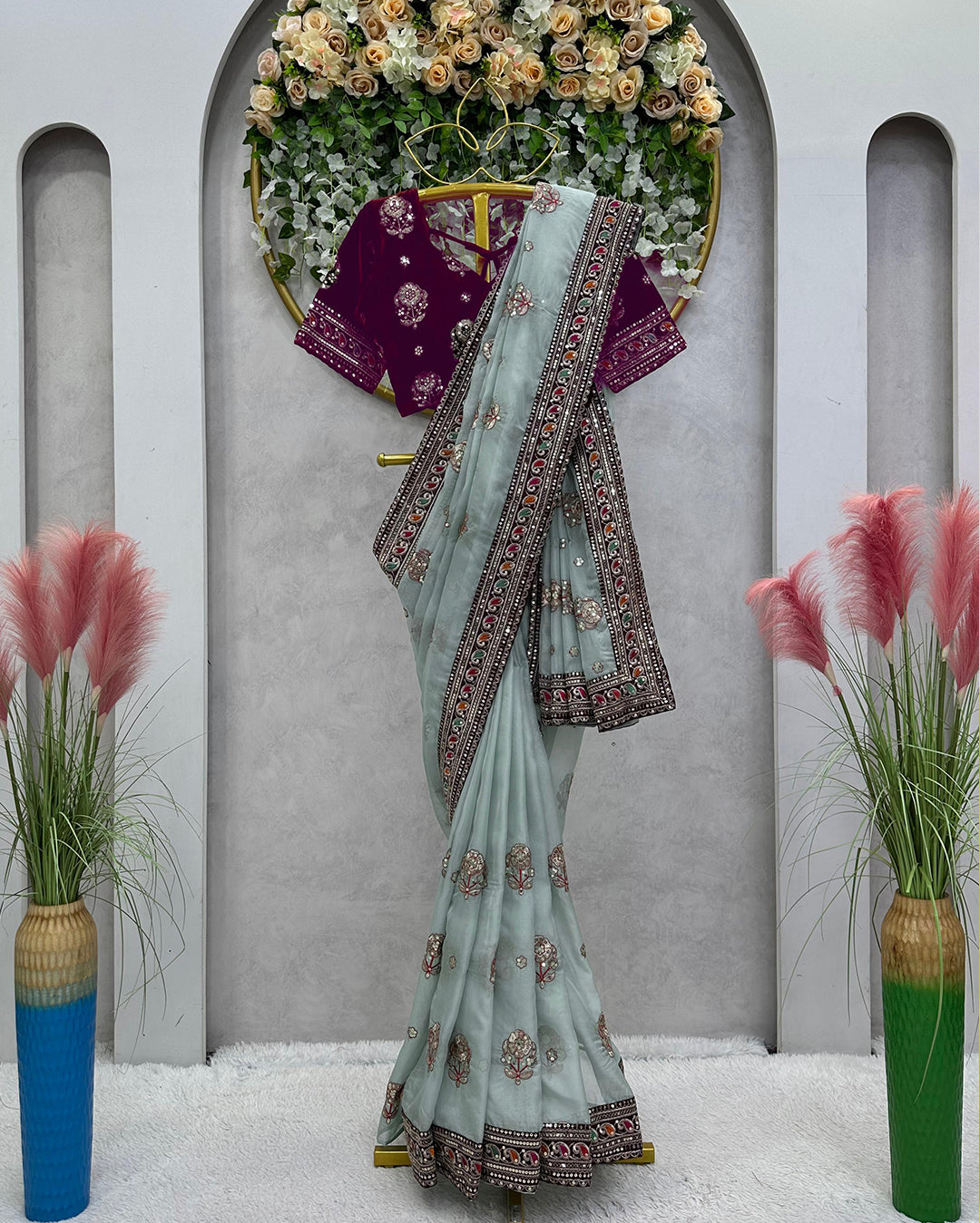 Prettiest Organza Saree With Velvet Blouse