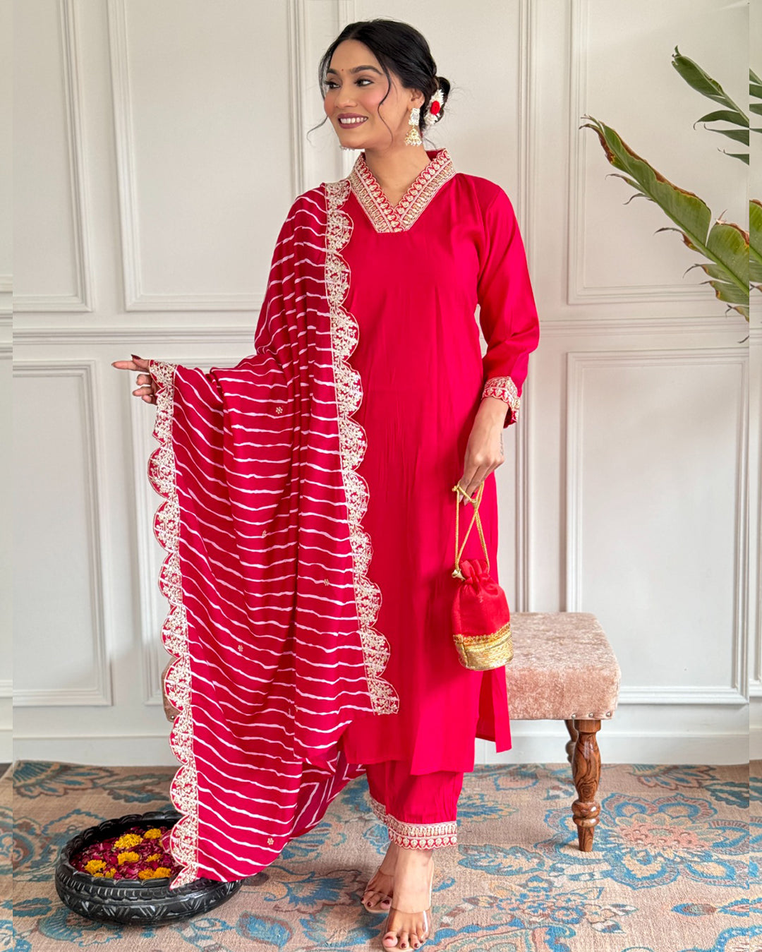 Chanderi Silk Suit with Leheriya Dupatta