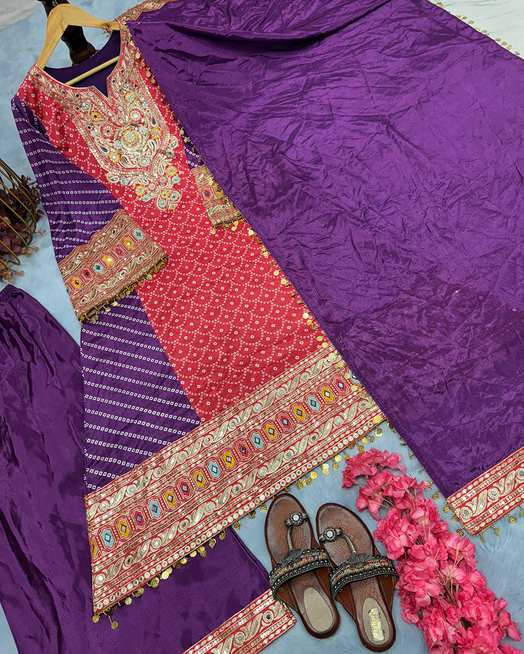 Pur Chinon Silk Top Plazzo & Dupatta Set