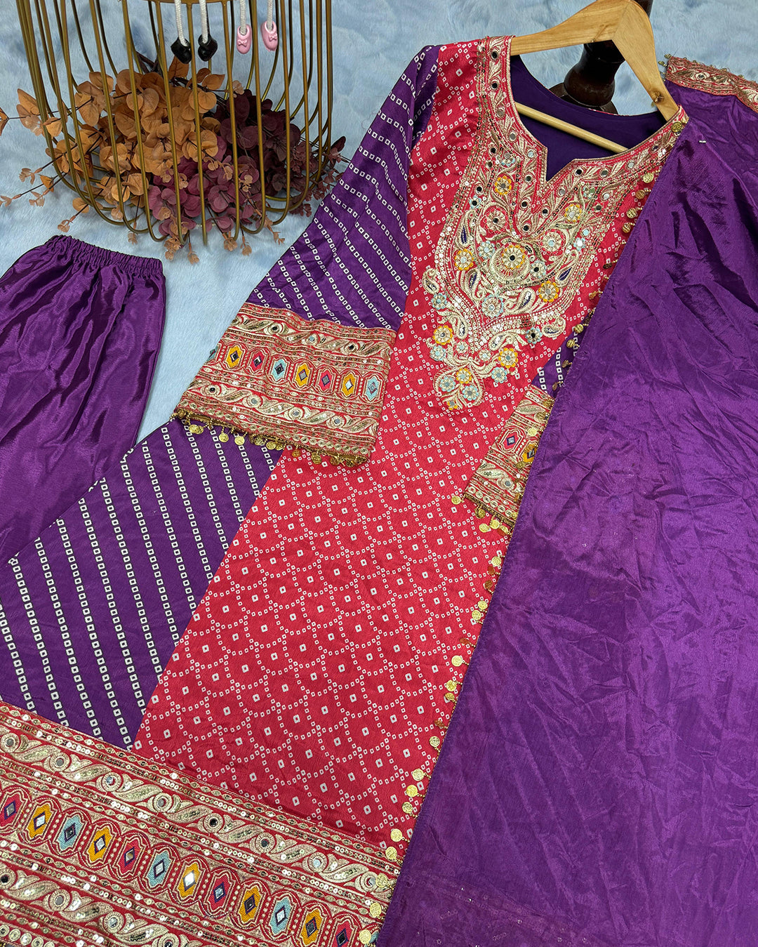 Pur Chinon Silk Top Plazzo & Dupatta Set