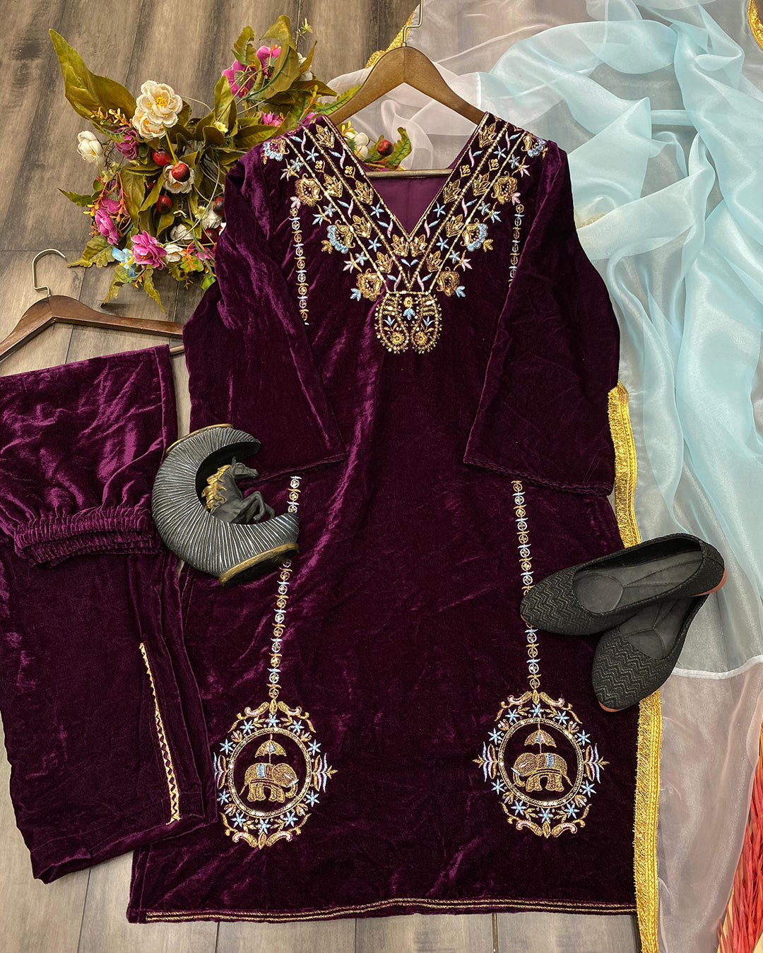 Velvet Sequence Embroidery Work Suit