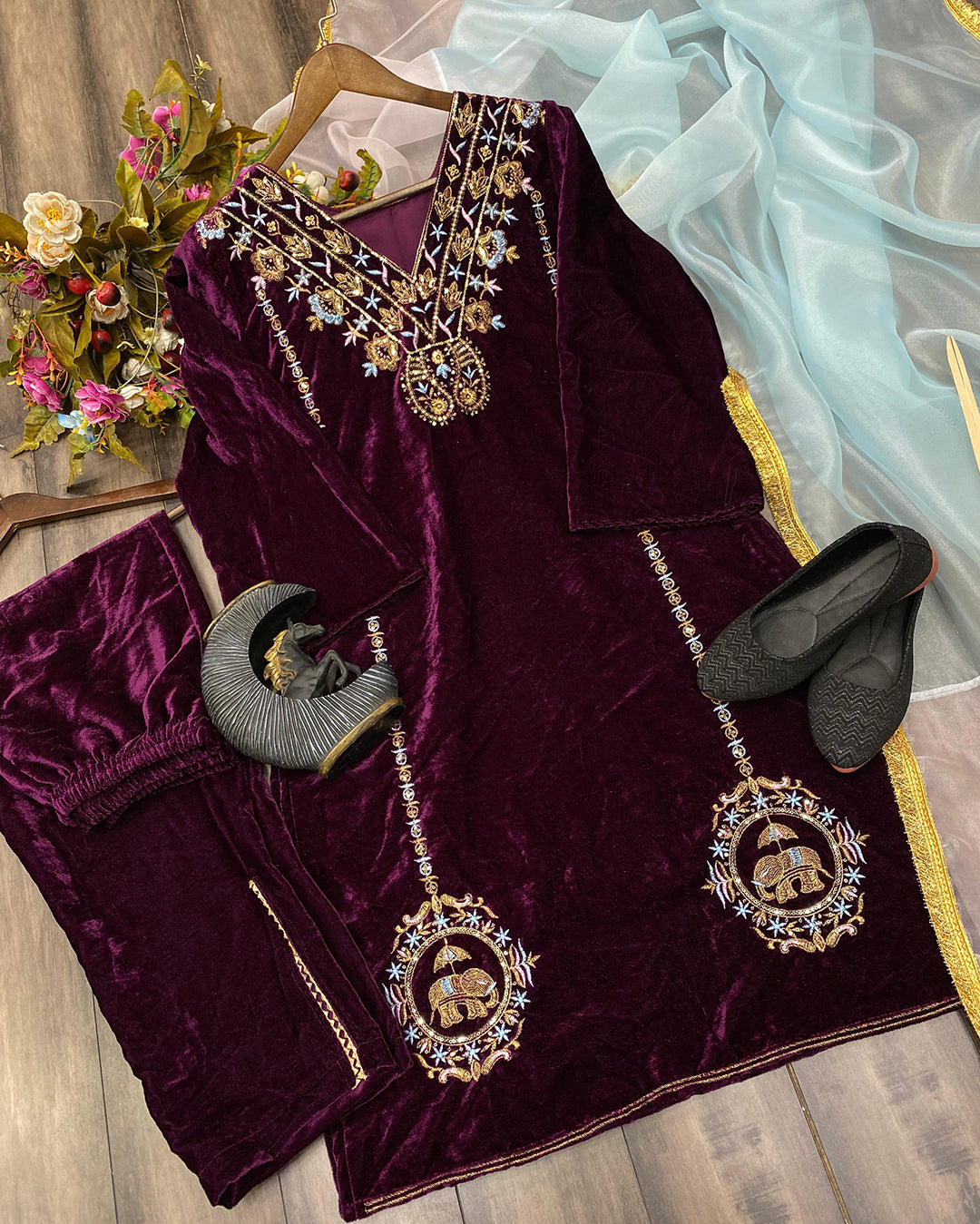 Velvet Sequence Embroidery Work Suit