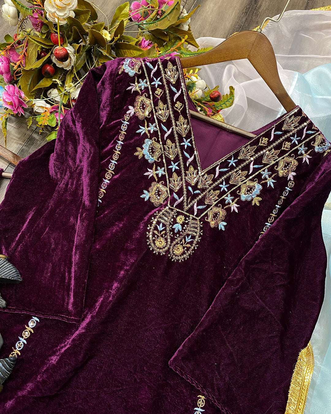 Velvet Sequence Embroidery Work Suit